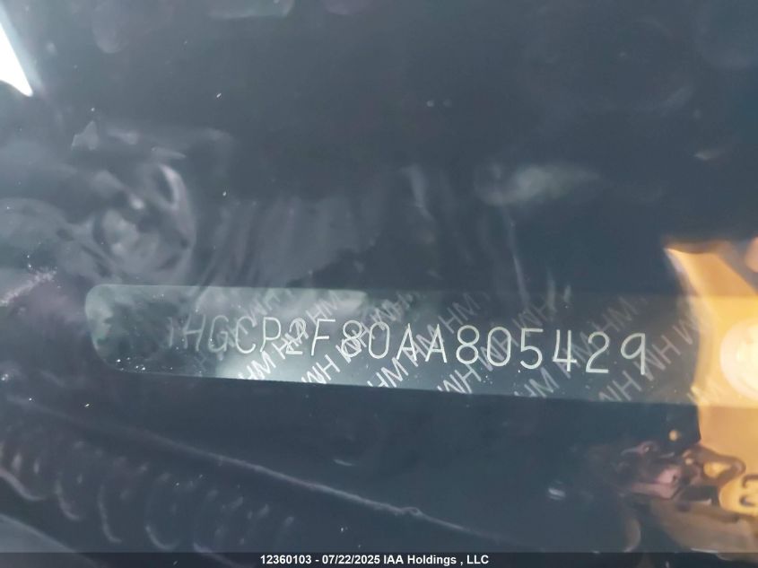 2010 Honda Accord Exl VIN: 1HGCP2F80AA805429 Lot: 12360103