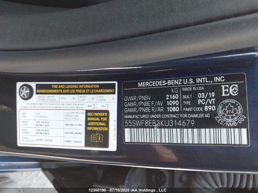 2019 Mercedes-Benz C 300 4Matic VIN: 55SWF8EB3KU314679 Lot: 12360190