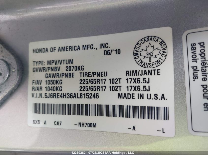 2010 Honda Cr-V Lx VIN: 5J6RE4H36AL815246 Lot: 12360262