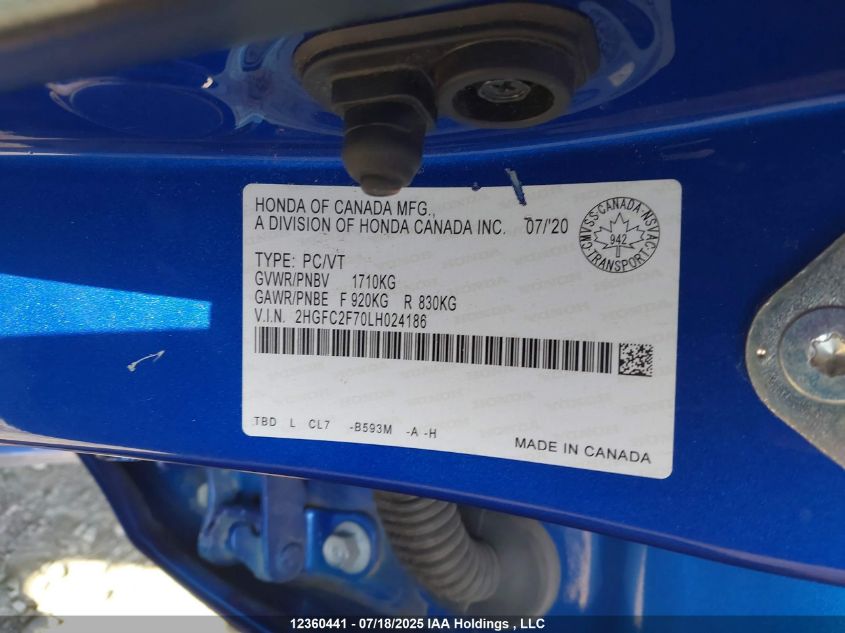 2020 Honda Civic Ex 4Dr VIN: 2HGFC2F70LH024186 Lot: 12360441