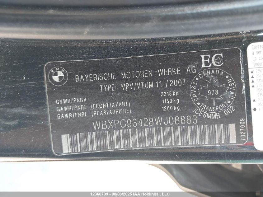 2008 BMW X3 3.0I VIN: WBXPC93428WJ08883 Lot: 12360709
