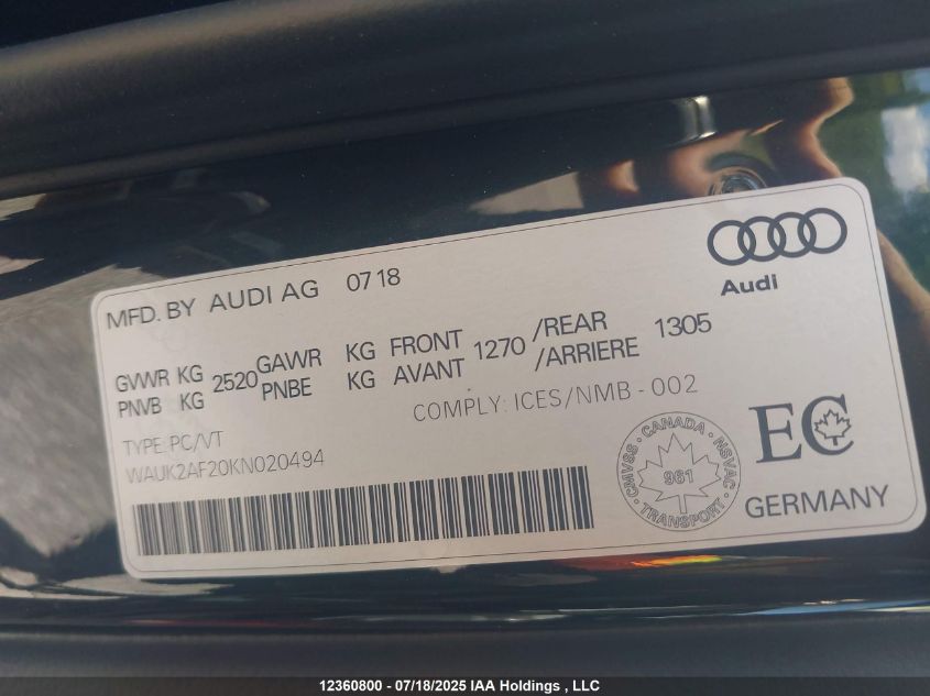 2019 Audi A6 VIN: WAUK2AF20KN020494 Lot: 12360800