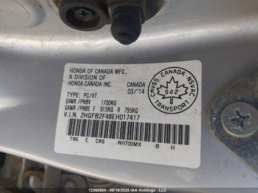 2014 Honda Civic Lx VIN: 2HGFB2F48EH017417 Lot: 12360804