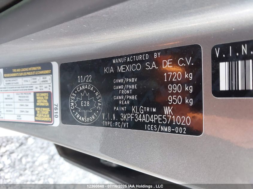 2023 Kia Forte Ex/Ex+/Ex Premium VIN: 3KPF34AD4PE571020 Lot: 12360848
