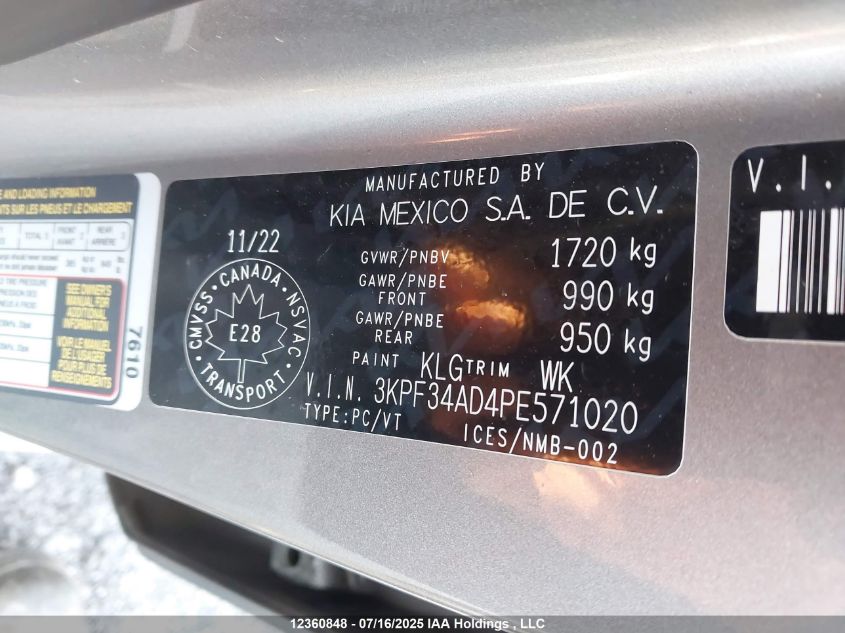 2023 Kia Forte Ex/Ex+/Ex Premium VIN: 3KPF34AD4PE571020 Lot: 12360848