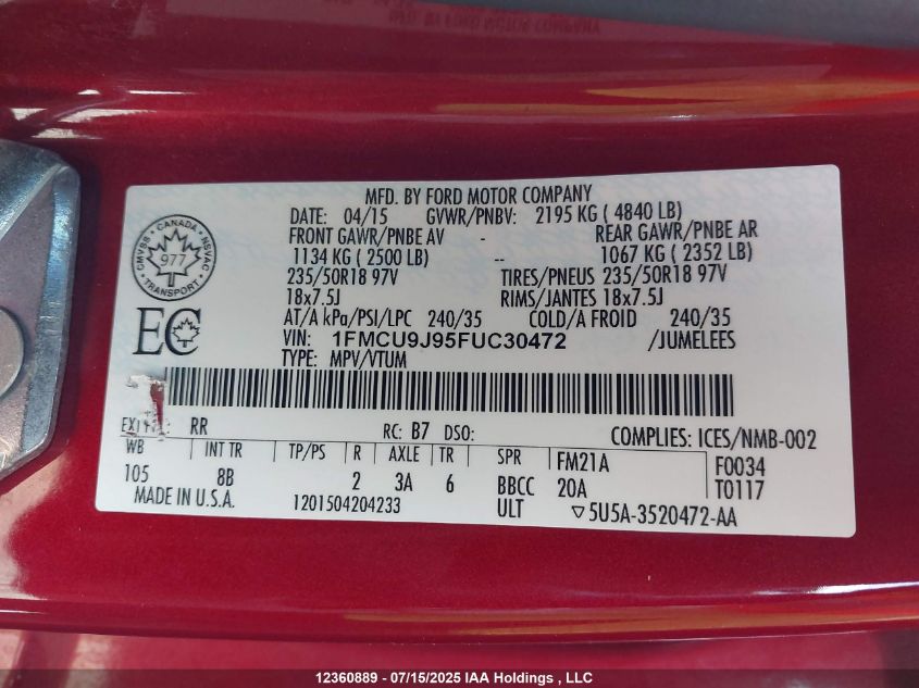 2015 Ford Escape Titanium VIN: 1FMCU9J95FUC30472 Lot: 12360889