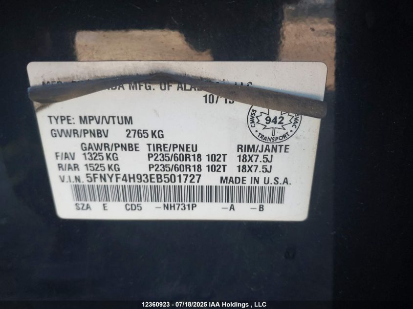 2014 Honda Pilot VIN: 5FNYF4H93EB501727 Lot: 12360923