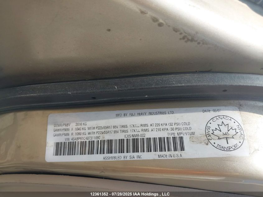 2008 Subaru Outback 2.5I VIN: 4S4BP61C487311090 Lot: 12361352