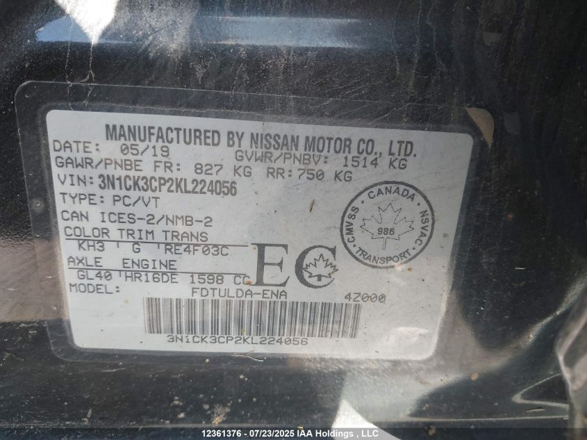 2019 Nissan Micra VIN: 3N1CK3CP2KL224056 Lot: 12361376