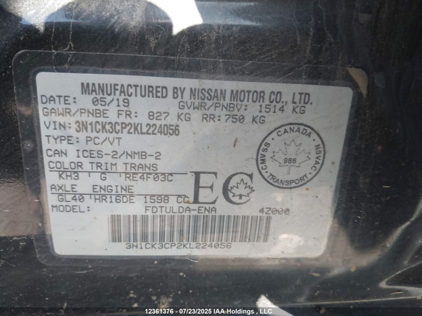 2019 Nissan Micra VIN: 3N1CK3CP2KL224056 Lot: 12361376