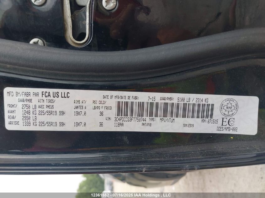 2015 Dodge Journey Sxt VIN: 3C4PDCCG3FT750744 Lot: 12361552