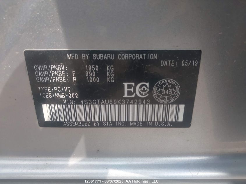 2019 Subaru Impreza Sport-Tech VIN: 4S3GTAU69K3742943 Lot: 12361771