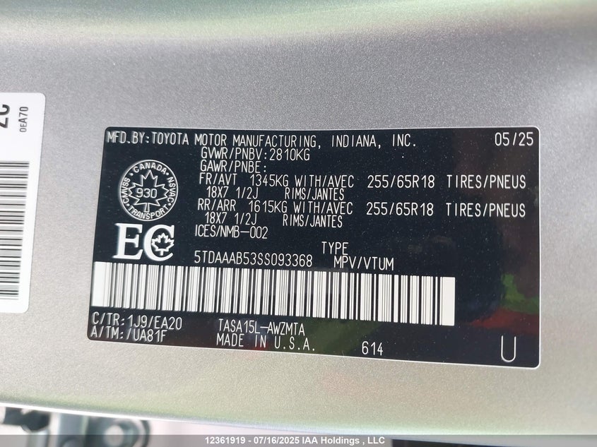 5TDAAAB53SS093368 2025 TOYOTA HIGHLANDER photo no. 9