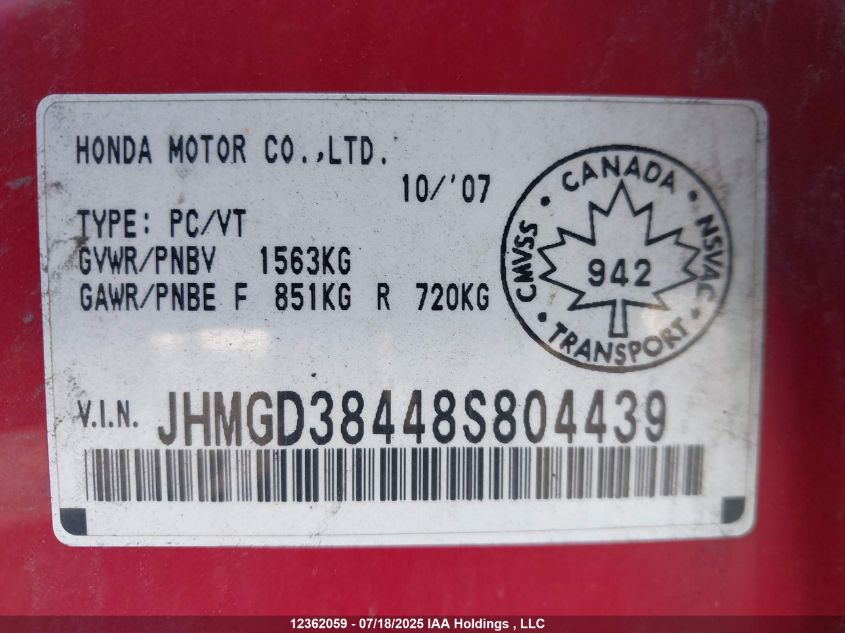 2008 Honda Fit VIN: JHMGD38448S804439 Lot: 12362059