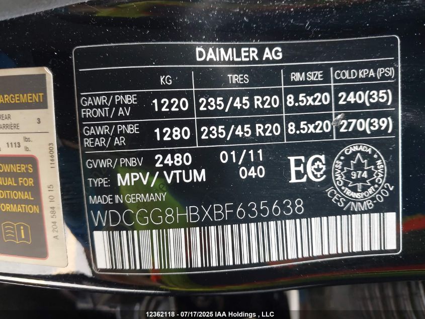 2011 Mercedes-Benz Glk 350 4Matic VIN: WDCGG8HBXBF635638 Lot: 12362118