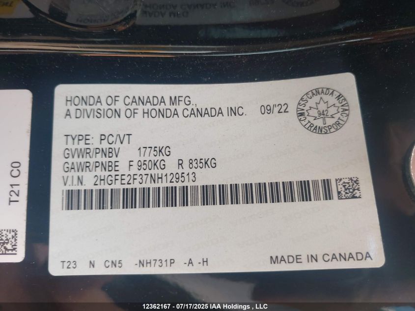 2022 Honda Civic Ex VIN: 2HGFE2F37NH129513 Lot: 12362167