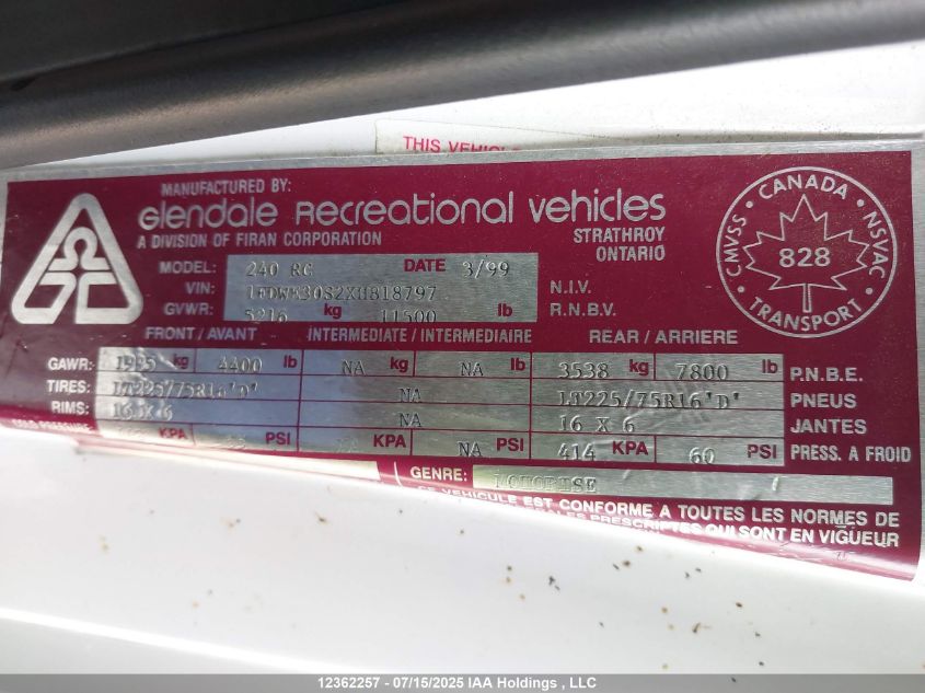 1999 Ford Econoline E350 Super Duty Ctwy V Rv VIN: 1FDWE30S2XHB18797 Lot: 12362257