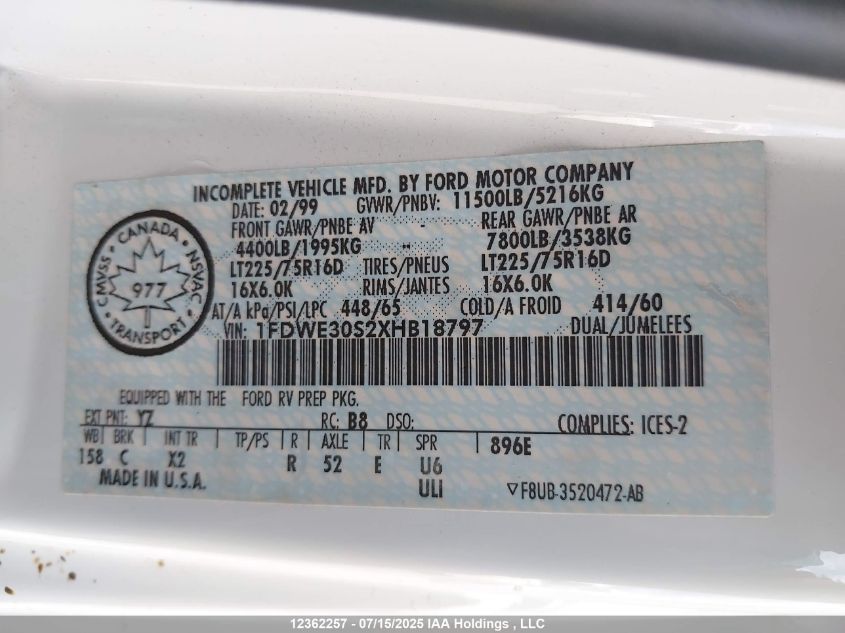 1999 Ford Econoline E350 Super Duty Ctwy V Rv VIN: 1FDWE30S2XHB18797 Lot: 12362257