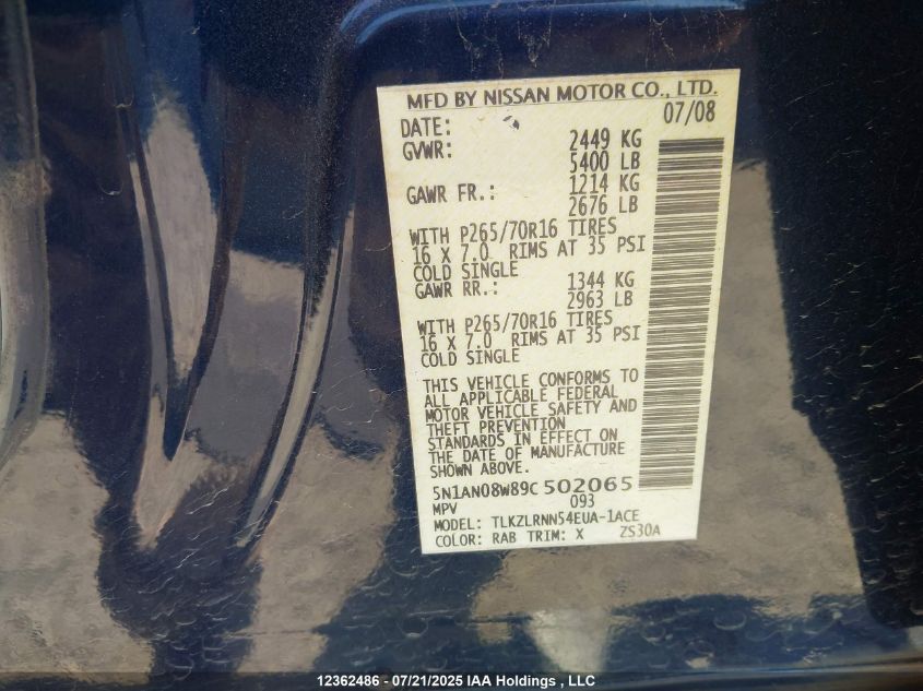 2009 Nissan Xterra Off Road/S/Se VIN: 5N1AN08W89C502065 Lot: 12362486