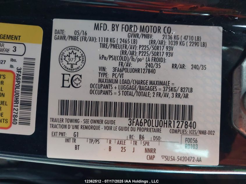 2017 Ford Fusion Se Hybrid VIN: 3FA6P0LU0HR127840 Lot: 12362512