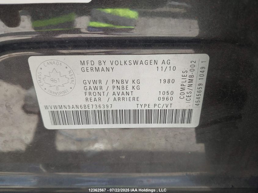 2011 Volkswagen Cc Sport VIN: WVWMN9AN6BE736397 Lot: 12362567