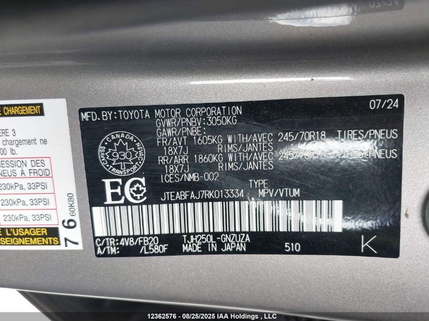 2024 Toyota Land Cruiser 1958 VIN: JTEABFAJ7RK013334 Lot: 12362576