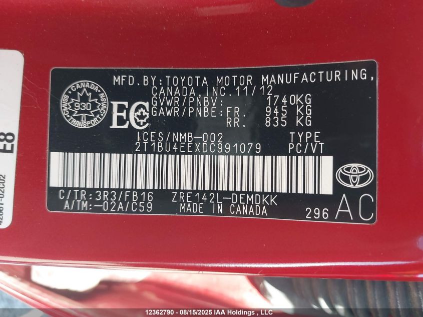 2013 Toyota Corolla S/Le VIN: 2T1BU4EEXDC991079 Lot: 12362790