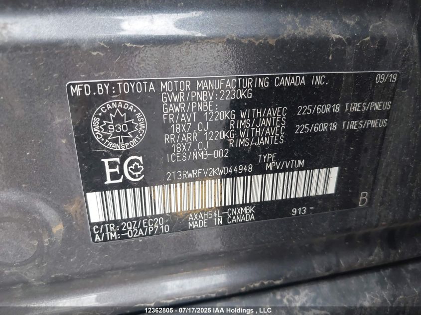 2019 Toyota Rav4 Xle/Xse VIN: 2T3RWRFV2KW044948 Lot: 12362805