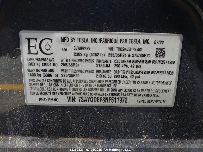 7SAYGDEF8NF511972 2022 TESLA MODEL Y photo no. 19