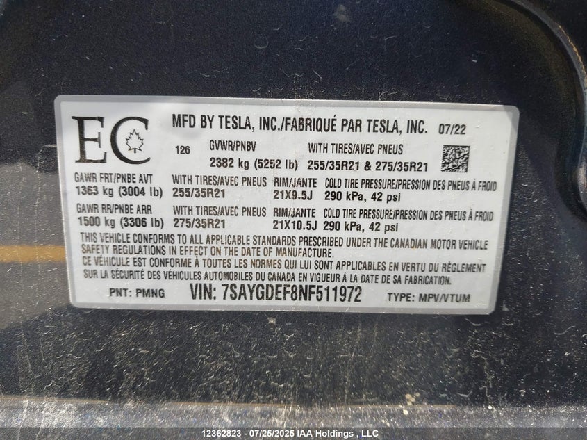 7SAYGDEF8NF511972 2022 TESLA MODEL Y photo no. 9
