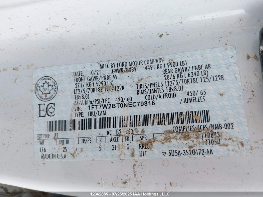 2022 Ford F250 Super Duty VIN: 1FT7W2BT0NEC79816 Lot: 12362885