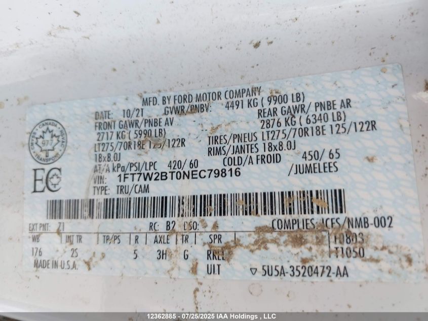 2022 Ford F250 Super Duty VIN: 1FT7W2BT0NEC79816 Lot: 12362885