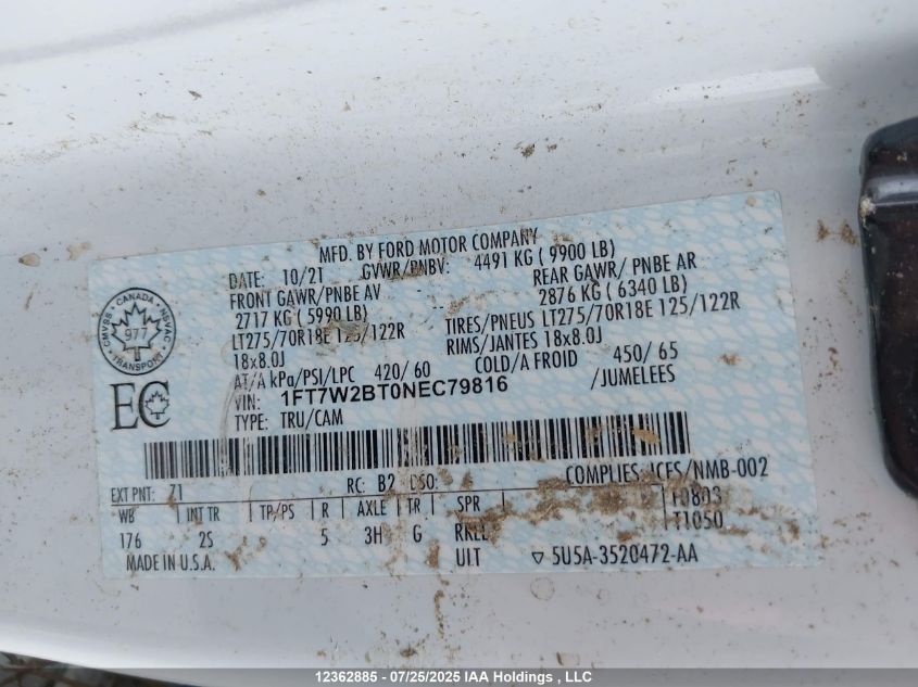 2022 Ford F250 Super Duty VIN: 1FT7W2BT0NEC79816 Lot: 12362885