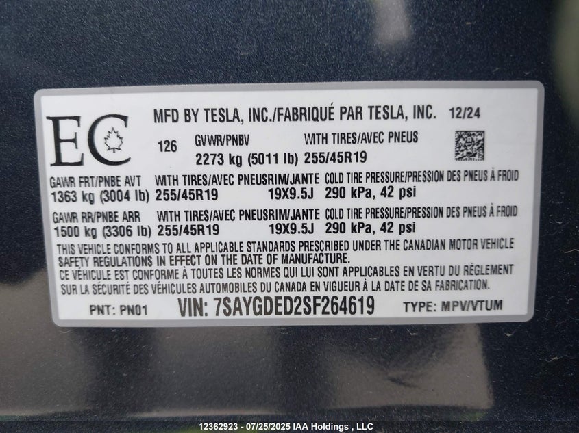 7SAYGDED2SF264619 2025 TESLA MODEL Y photo no. 19
