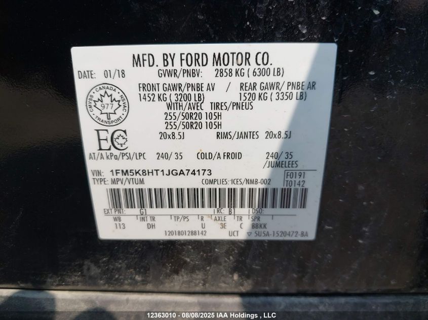 2018 Ford Explorer Platinum VIN: 1FM5K8HT1JGA74173 Lot: 12363010