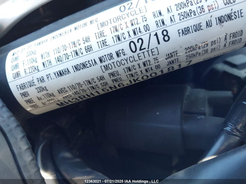 2018 Yamaha Yzfr3 A VIN: MH3RH15N6JK001817 Lot: 12363021