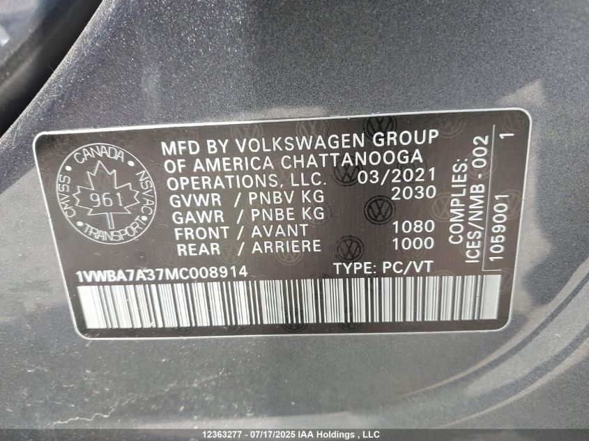 2021 Volkswagen Passat Highline VIN: 1VWBA7A37MC008914 Lot: 12363277