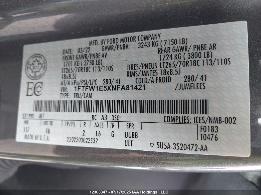 2022 Ford F-150 Xlt VIN: 1FTFW1E5XNFA81421 Lot: 12363347