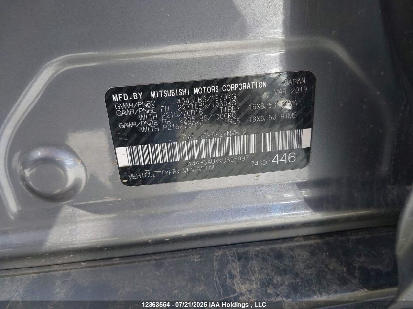 2019 Mitsubishi Rvr Se/Es VIN: JA4AH3AUXKU605097 Lot: 12363554