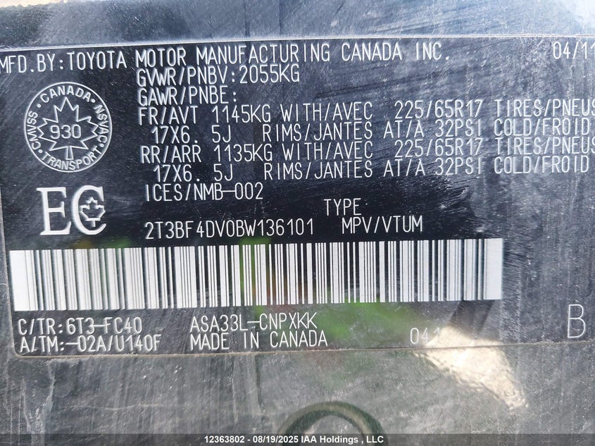 2011 Toyota Rav4 VIN: 2T3BF4DV0BW136101 Lot: 12363802