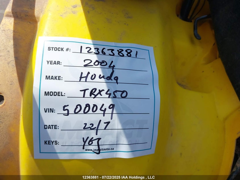 2004 Honda Trx450 Fe VIN: 478TE226444500049 Lot: 12363881