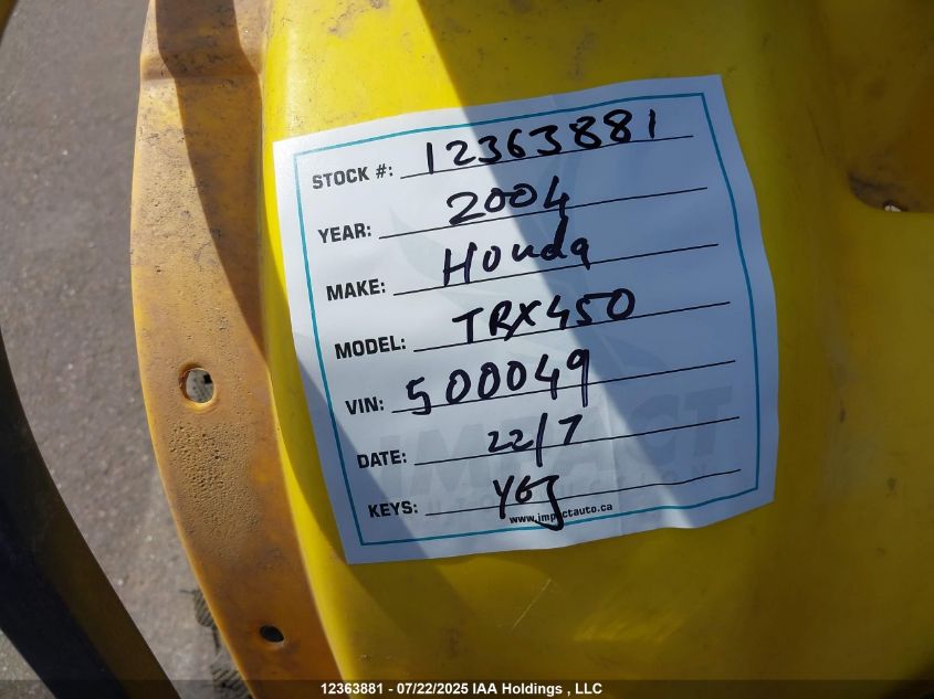 2004 Honda Trx450 Fe VIN: 478TE226444500049 Lot: 12363881