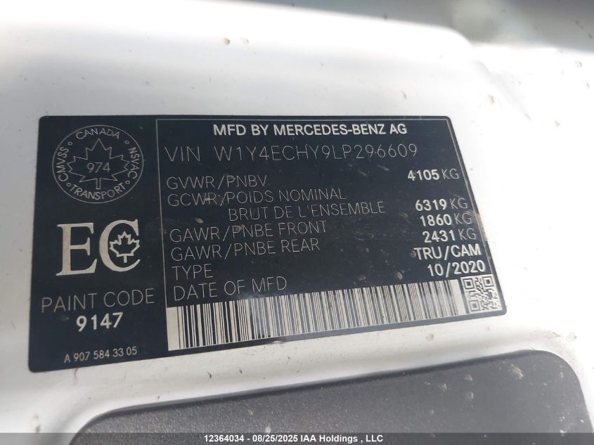 2020 Mercedes-Benz Sprinter 2500 High Roof V6 VIN: W1Y4ECHY9LP296609 Lot: 12364034