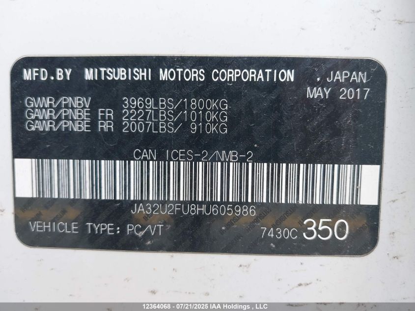 2017 Mitsubishi Lancer VIN: JA32U2FU8HU605986 Lot: 12364068