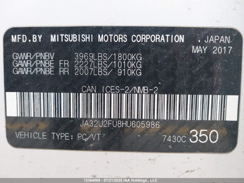 2017 Mitsubishi Lancer VIN: JA32U2FU8HU605986 Lot: 12364068