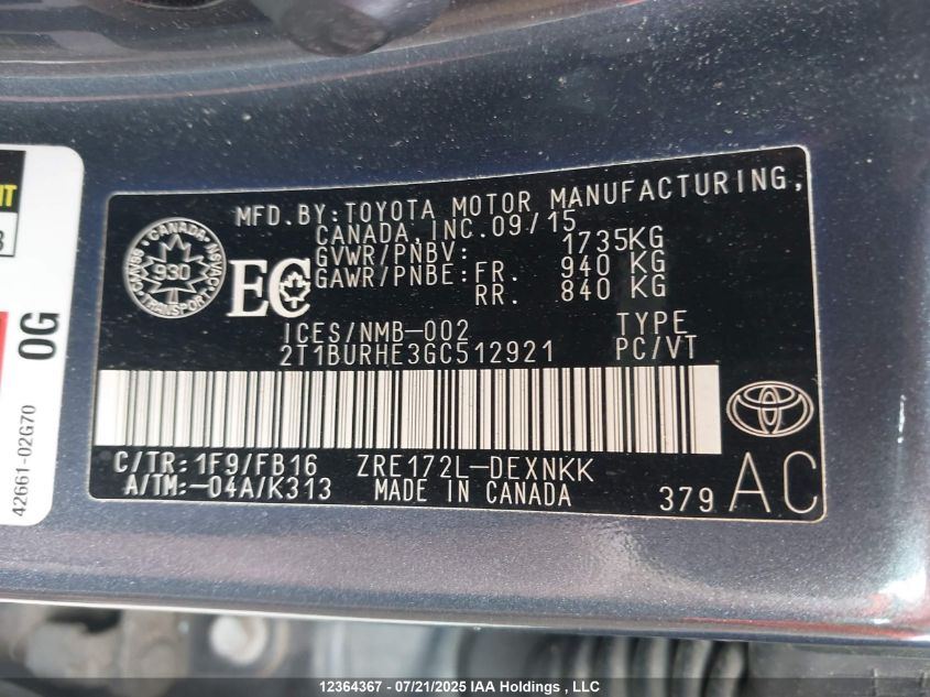 2016 Toyota Corolla VIN: 2T1BURHE3GC512921 Lot: 12364367