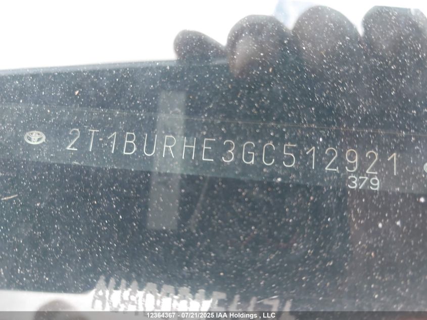 2016 Toyota Corolla VIN: 2T1BURHE3GC512921 Lot: 12364367