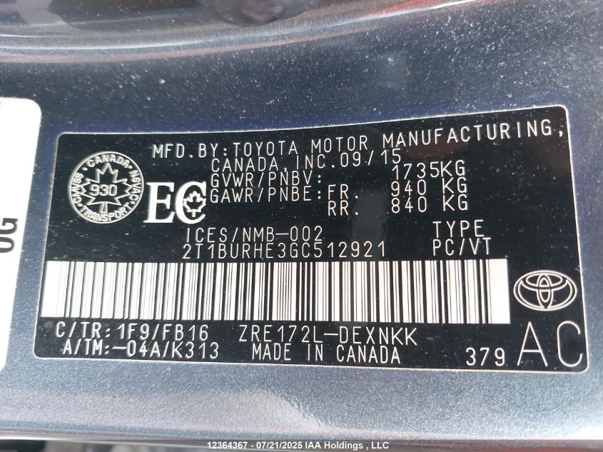 2016 Toyota Corolla VIN: 2T1BURHE3GC512921 Lot: 12364367