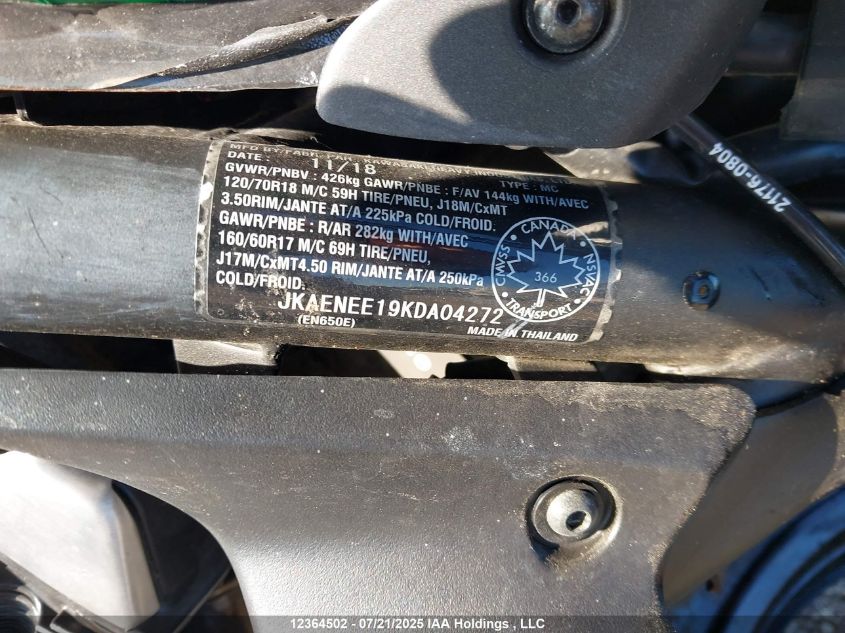 2019 Kawasaki En650 E VIN: JKAENEE19KDA04272 Lot: 12364502