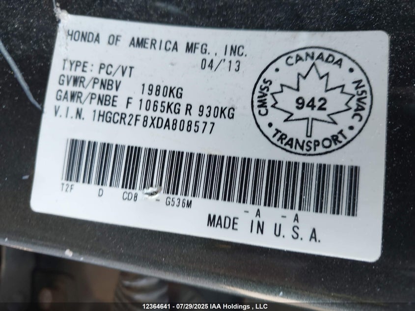 1HGCR2F8XDA808577 2013 HONDA ACCORD photo no. 9